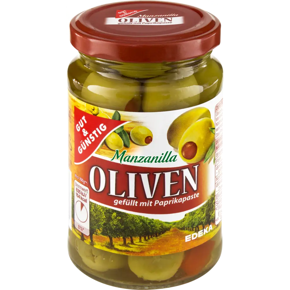 G+G – Olives green with Paprika Paste – 340 g glass / Gr?ne Oliven mit Paprikaf?llung | German Deli Ph