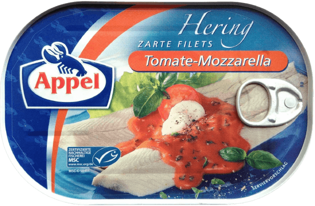 Appel – Herrings Fillet in Tomato-Mozarella – 200 g can / Heringsfilet in Tomate-Mozzarrella | German Deli Ph