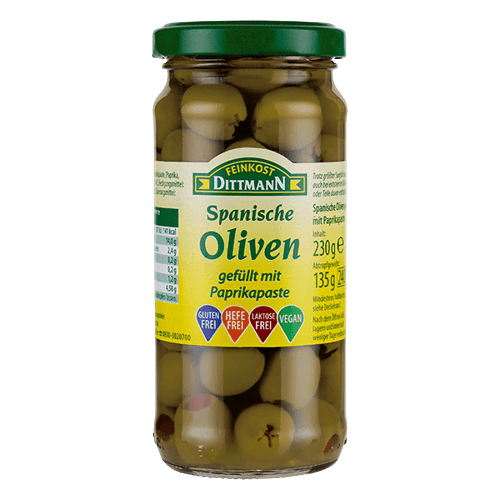 Dittmann – Olives with Bell Pepper Paste – 156 g glass – Oliven mit Paprikapaste | German Deli Ph