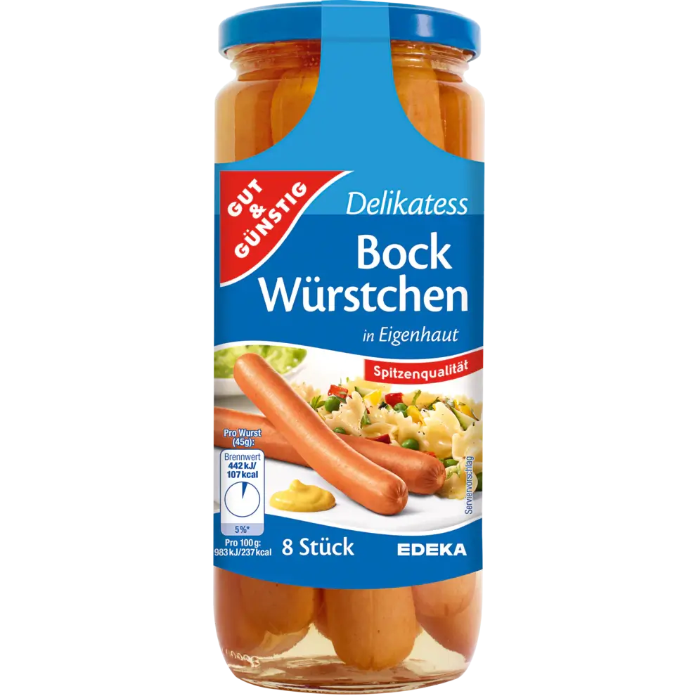 G+G – Delikatess Bock Sausage 8 pcs – 360 g glass / Delikatess Bockw?rstchen | German Deli Ph